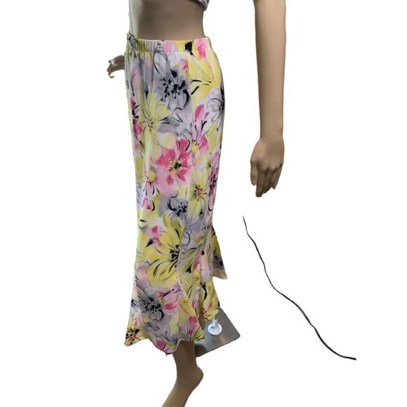 Tanjay Yellow Floral Print Ruffled Hem Elastic Waistband Peasant Skirt Size 16 - Picture 8 of 12